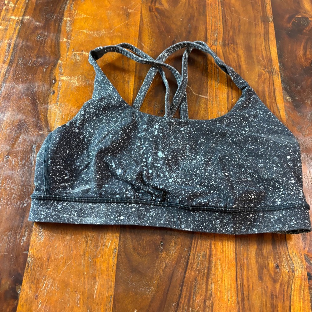 Lululemon Energy Bra Size 8 Black White Paint Splatter Strappy Back Luxtreme